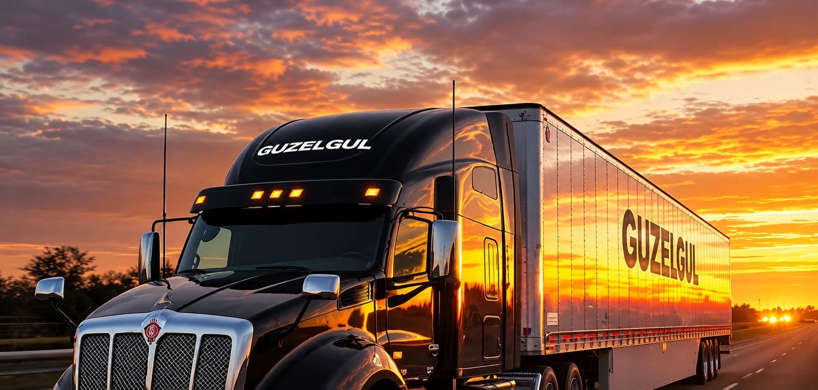 Guzelgul semi-truck on the highway at sunset